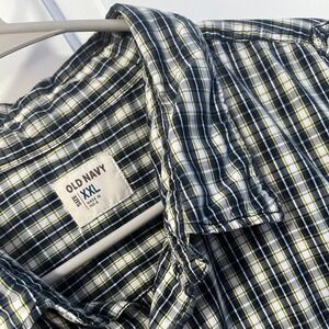 Old Navy Mens XXL Plaid Short Sleeve Button Down Shirt Navy Blue Yellow Epaulets